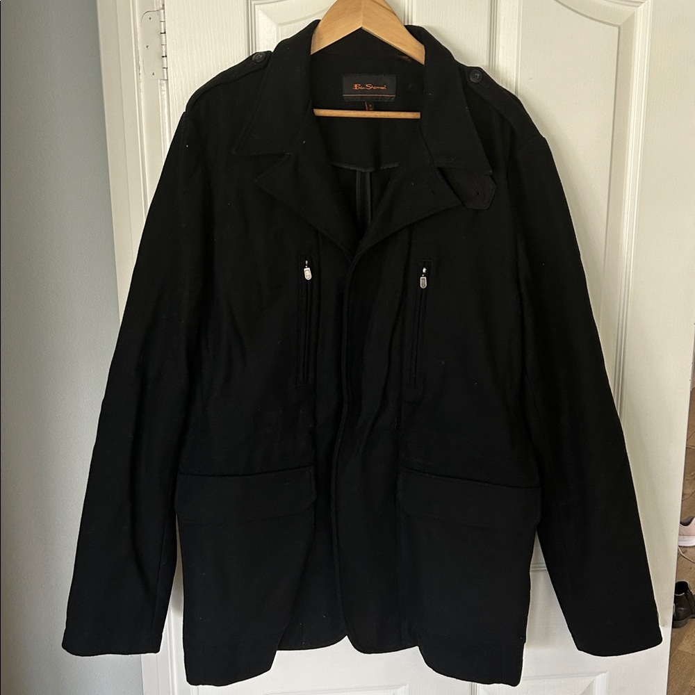 Ben Sherman Size6/3XL Black Pea Coat with Zipper Details and Button Details